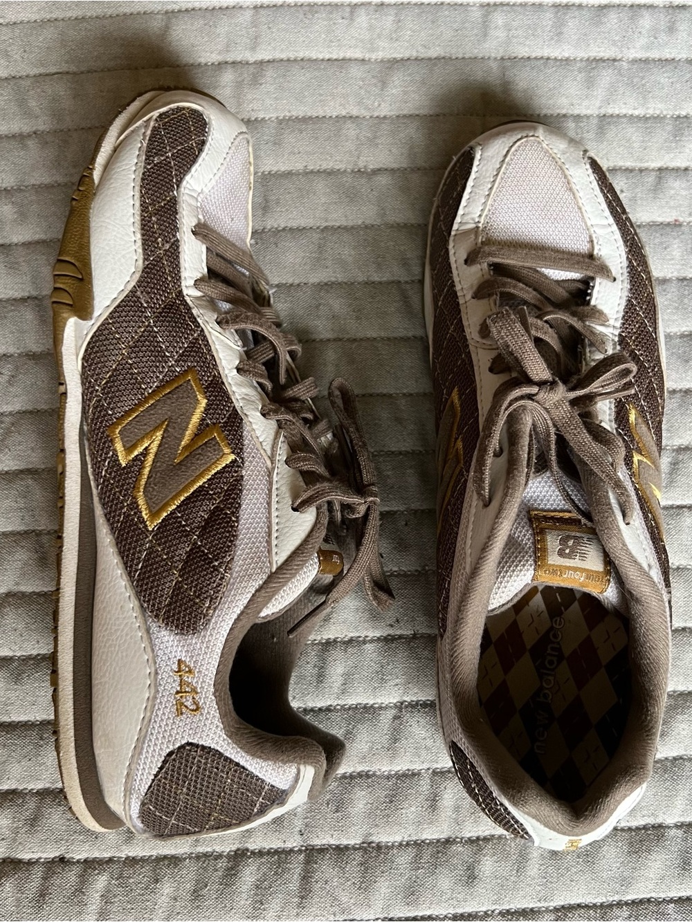 New Balance 442 Brown & Cream Quilted Athletic Sneakers with Gold Logo